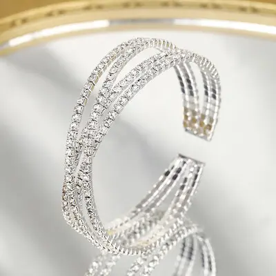 Rhinestone Cuff Bracelet With Double Layer Crossin