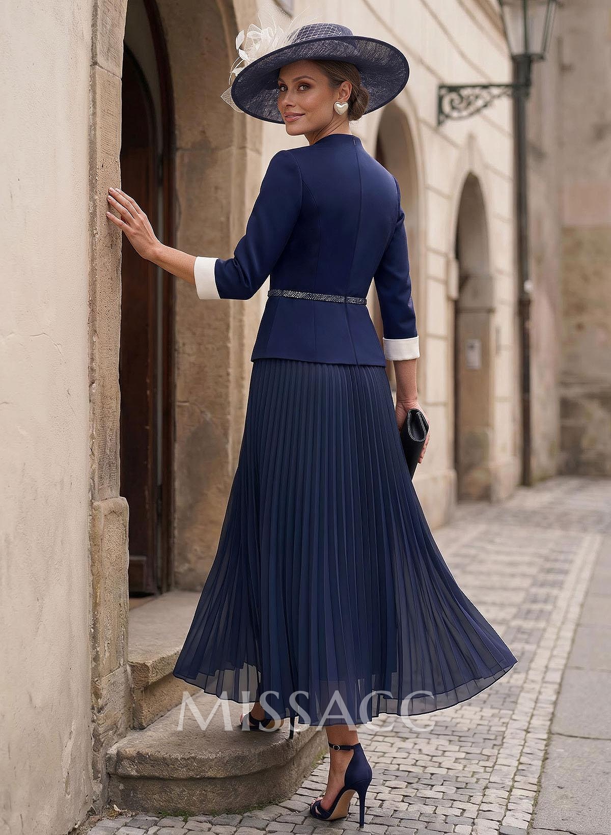 A-Line V-Neck Long Sleeves Ankle-Length Chiffon/Matte Satin Cocktail Dresses