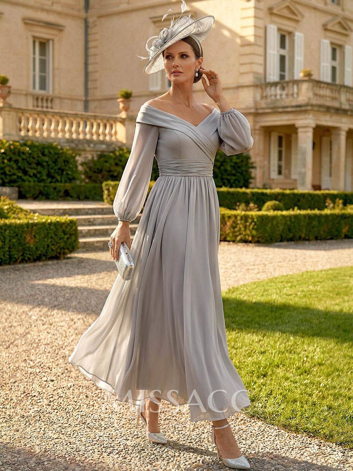 A-Line Off-The-Shoulder Long Sleeves Ankle-Length Chiffon Cocktail Dresses With Pleated