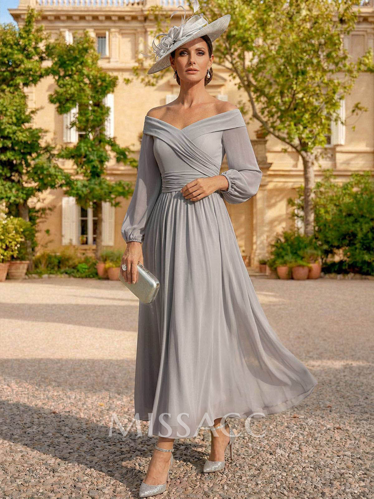 A-Line Off-The-Shoulder Long Sleeves Ankle-Length Chiffon Cocktail Dresses With Pleated