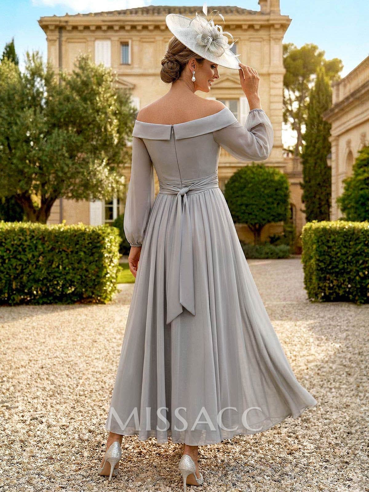 A-Line Off-The-Shoulder Long Sleeves Ankle-Length Chiffon Cocktail Dresses With Pleated