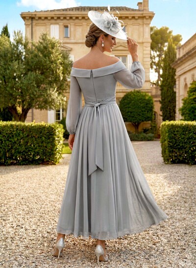 A-Line Off-The-Shoulder Long Sleeves Ankle-Length Chiffon Cocktail Dresses With Pleated