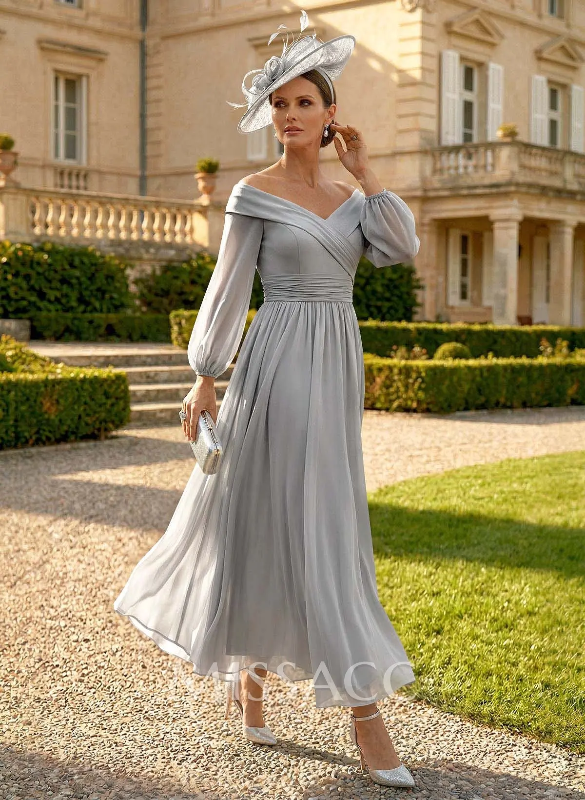 long sleeve cocktail dress canada A-Line Off-The-Shoulder Long Sleeves Ankle-Length Chiffon Cocktail Dresses  With Pleated