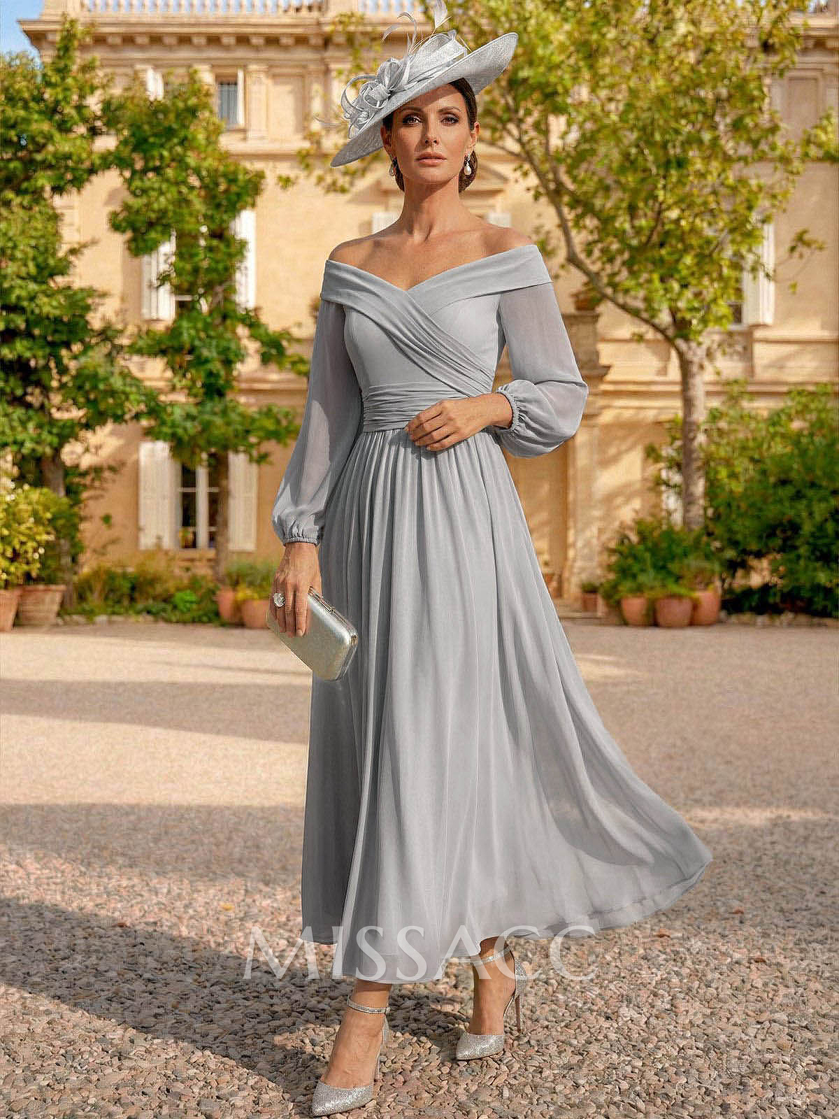 A-Line Off-The-Shoulder Long Sleeves Ankle-Length Chiffon Cocktail Dresses With Pleated