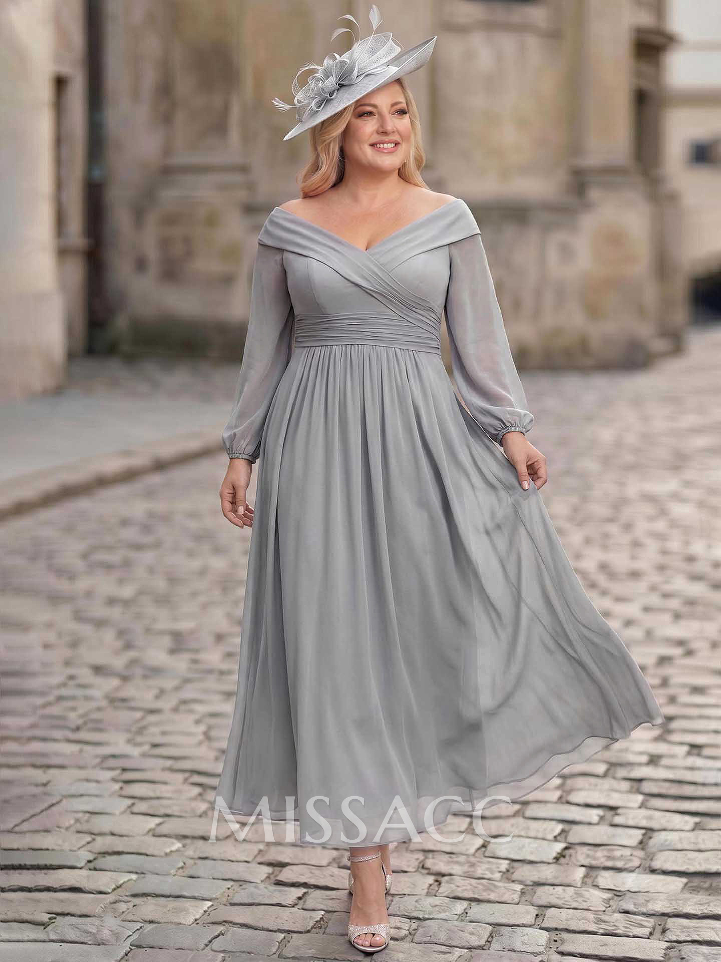 A-Line Off-The-Shoulder Long Sleeves Ankle-Length Chiffon Cocktail Dresses With Pleated