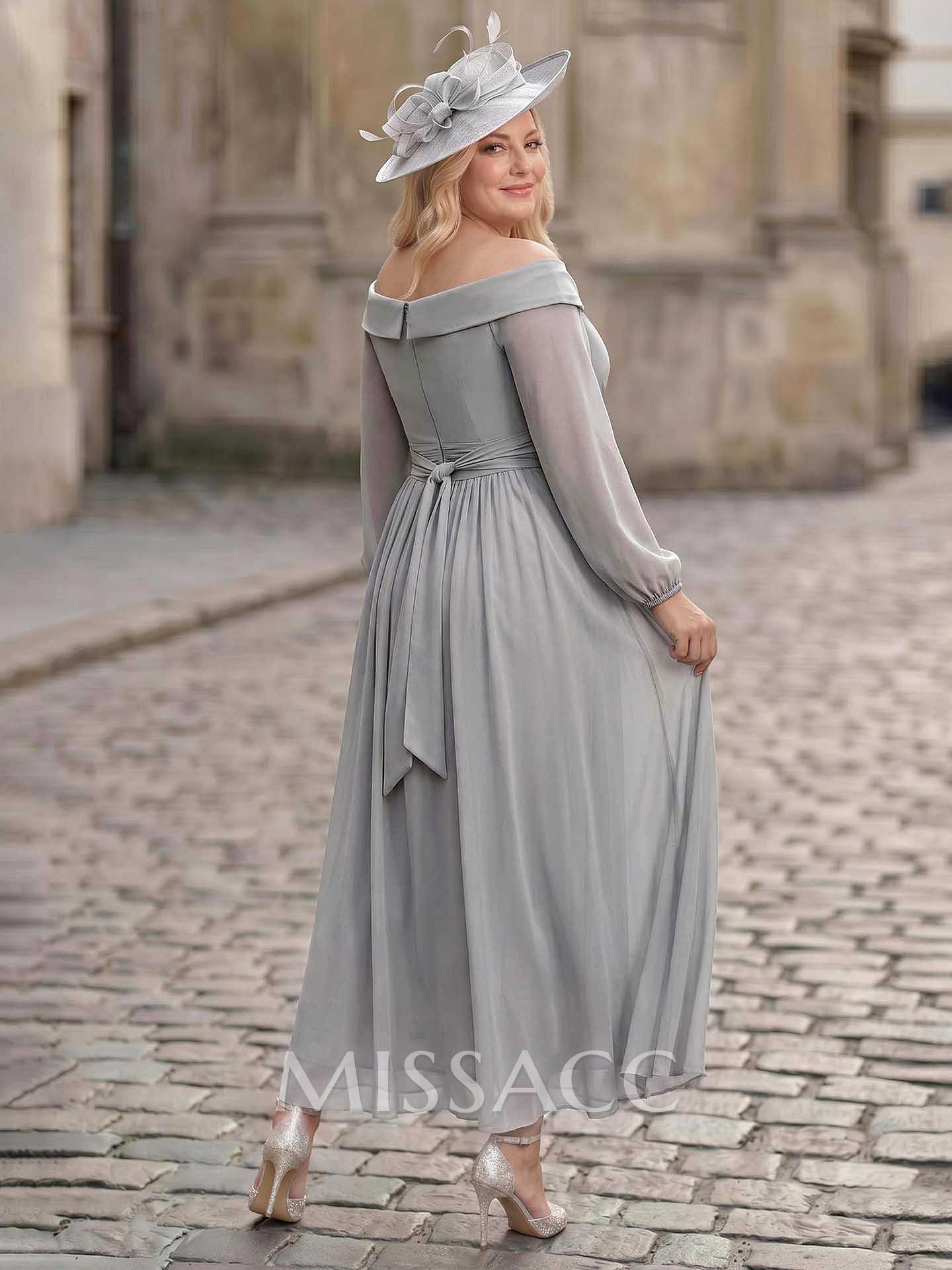 A-Line Off-The-Shoulder Long Sleeves Ankle-Length Chiffon Cocktail Dresses With Pleated