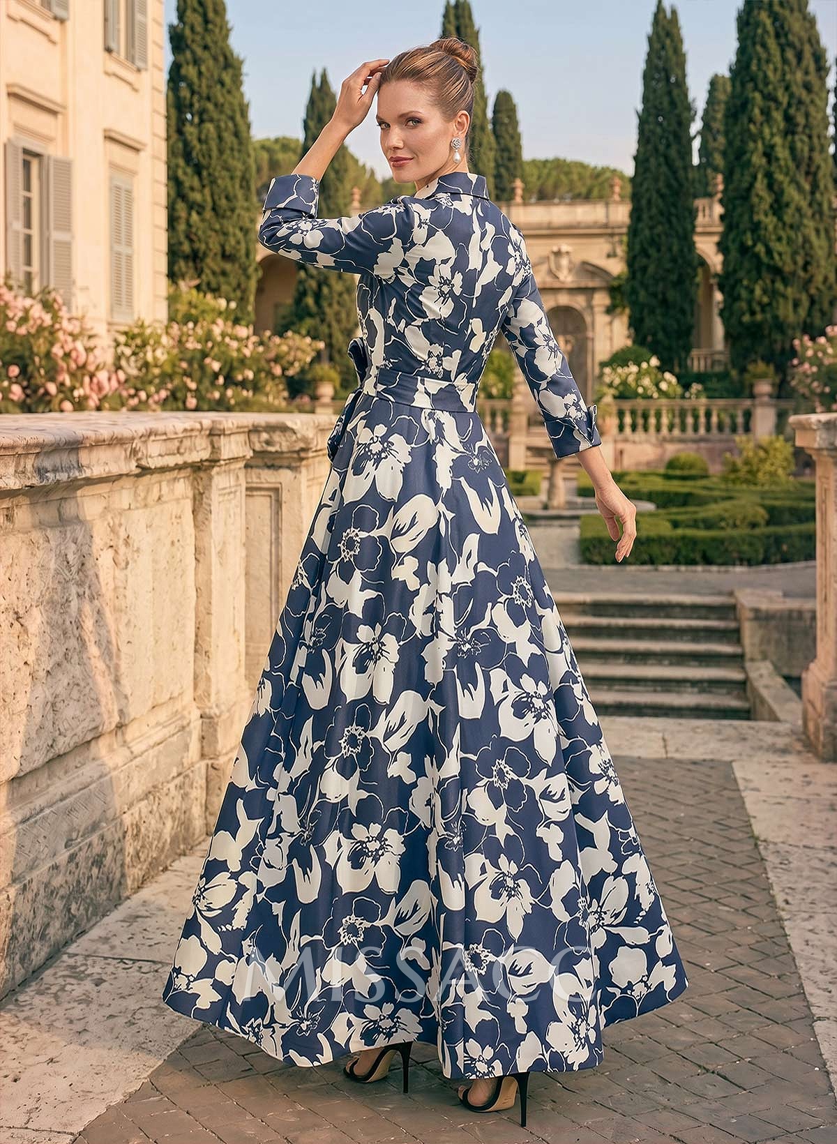 A-Line V-Neck 3/4 Sleeves Floor-Length Satin Cocktail Dresses With Bow(s)/Sash/Floral-Print