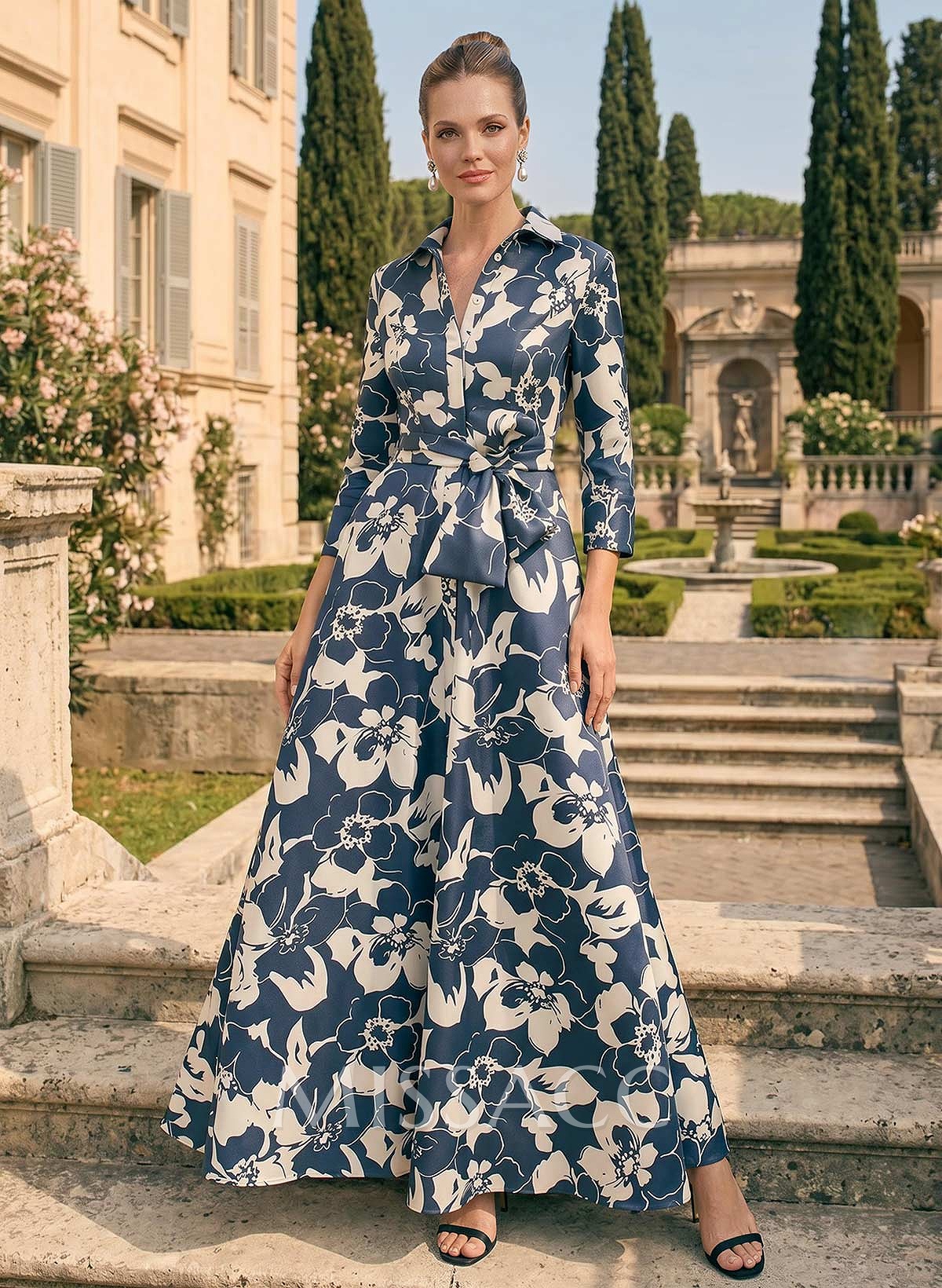 A-Line V-Neck 3/4 Sleeves Floor-Length Satin Cocktail Dresses With Bow(s)/Sash/Floral-Print