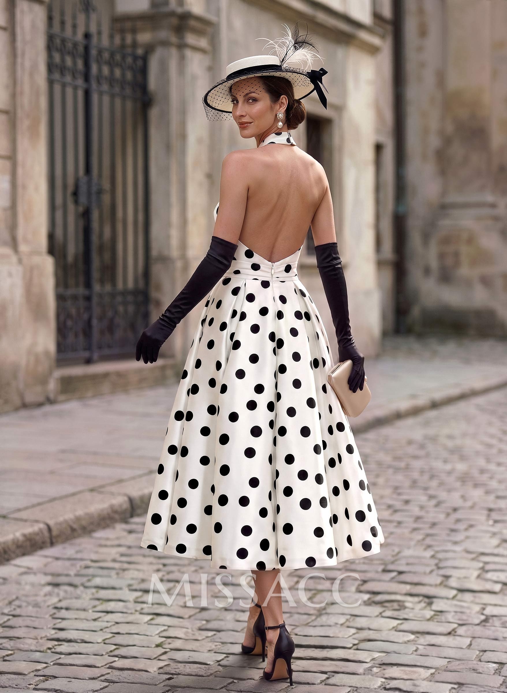 A-Line Halter/Plunge Neck Sleeveless Tea-Length Twill Satin Cocktail Dresses With Flower(s)
