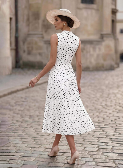 Elegant A-Line High Neck Sleeveless Tea-Length Elastic Satin Cocktail Dresses With Pleated