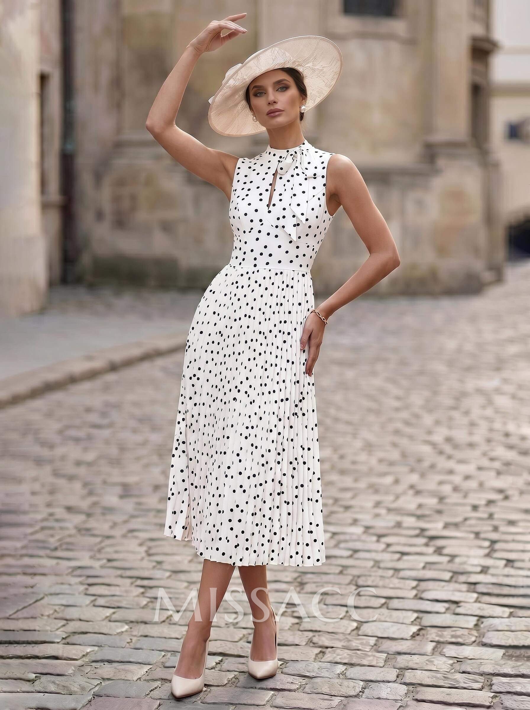 Elegant A-Line High Neck Sleeveless Tea-Length Elastic Satin Cocktail Dresses With Pleated