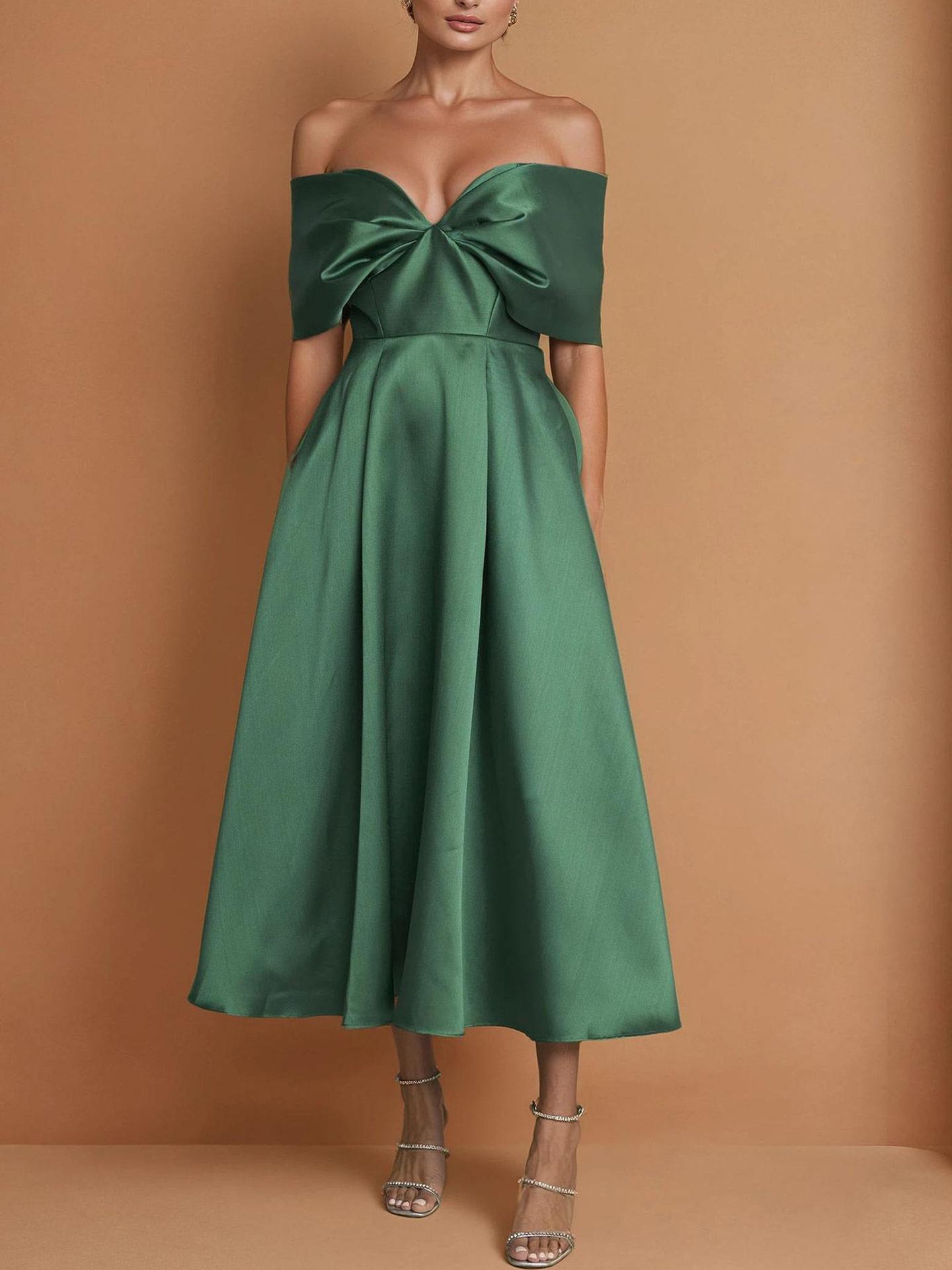 A-Line Off-The-Shoulder Sleeveless Tea-Length Satin Cocktail Dresses With Bow(s)