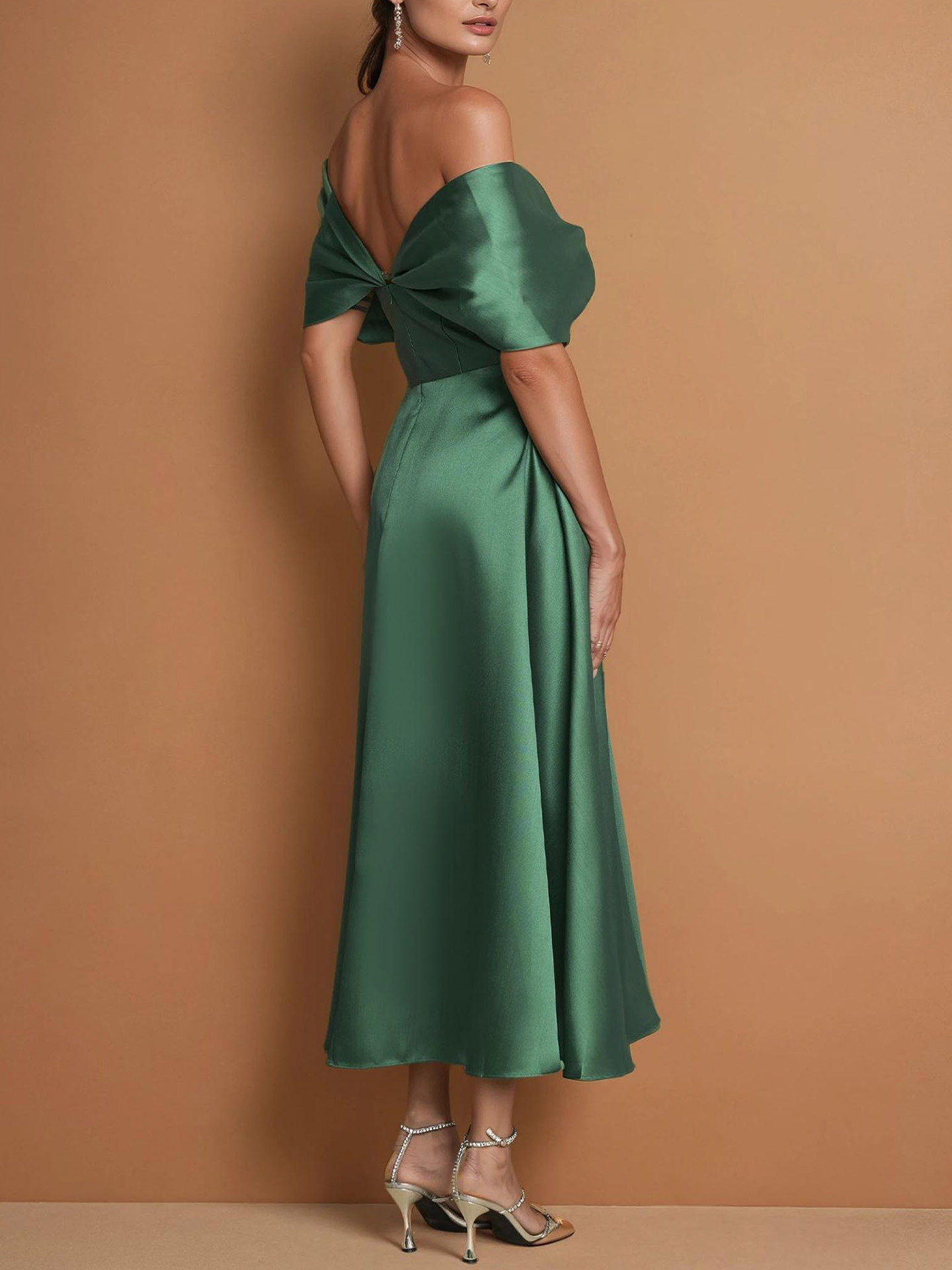 A-Line Off-The-Shoulder Sleeveless Tea-Length Satin Cocktail Dresses With Bow(s)
