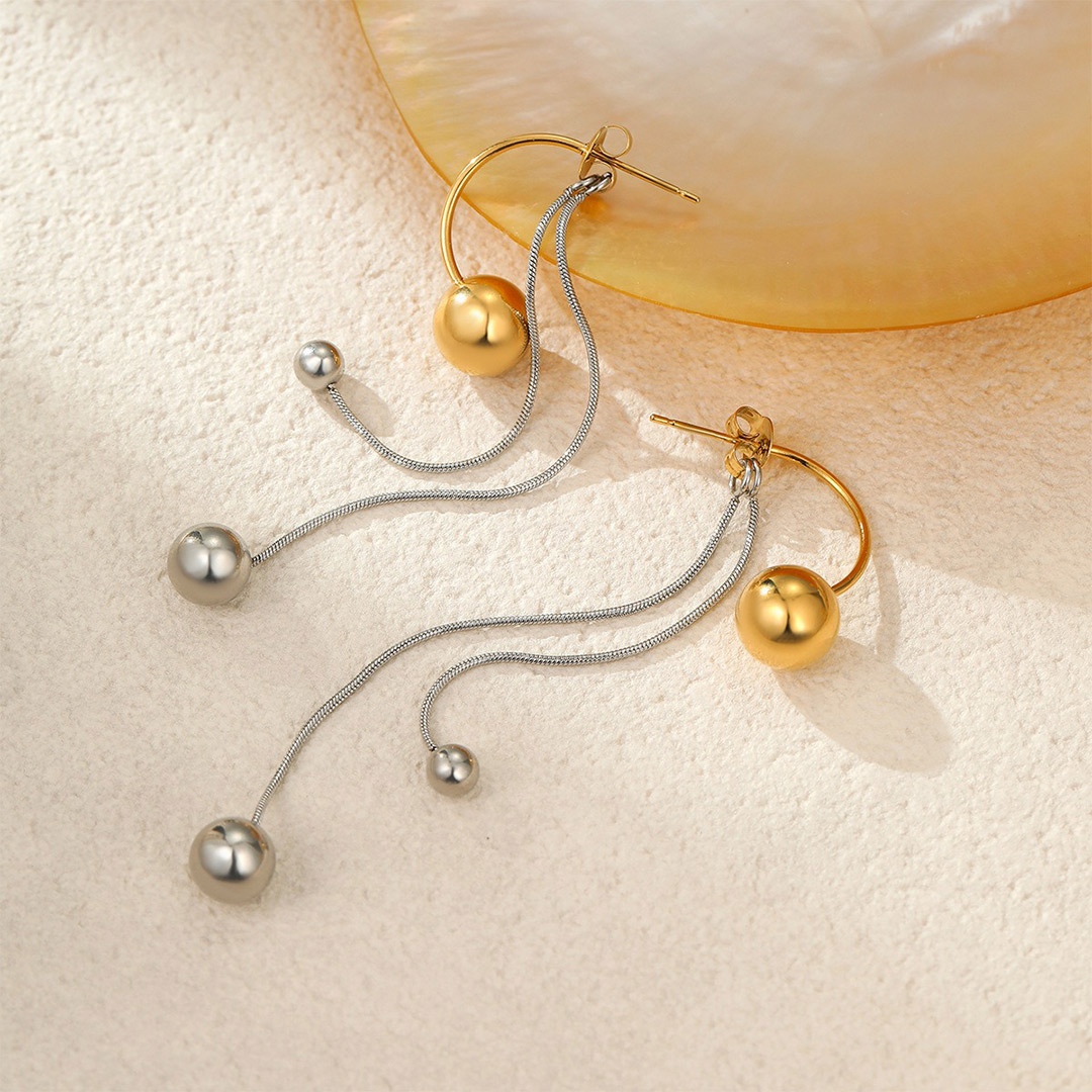 Retro Color Blocked Metal Ball Tassel Earrings