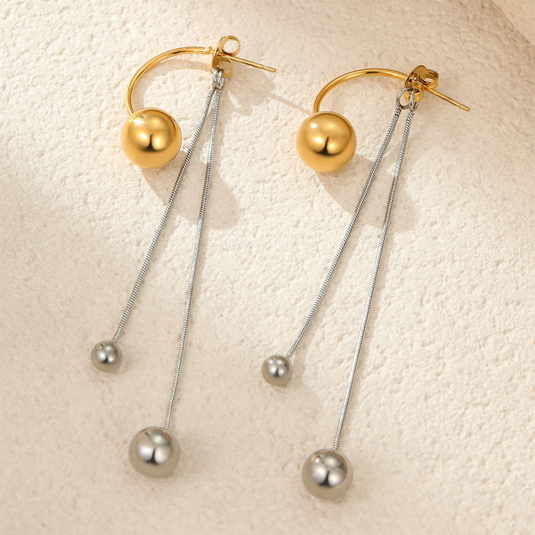 Retro Color Blocked Metal Ball Tassel Earrings