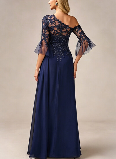 A-Line Asymmetrical 3/4 Sleeves Floor-Length Chiffon/Lace Evening Dresses With Appliques Lace
