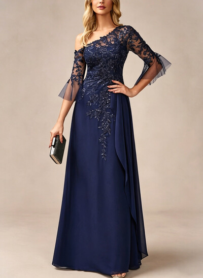 A-Line Asymmetrical 3/4 Sleeves Floor-Length Chiffon/Lace Evening Dresses With Appliques Lace