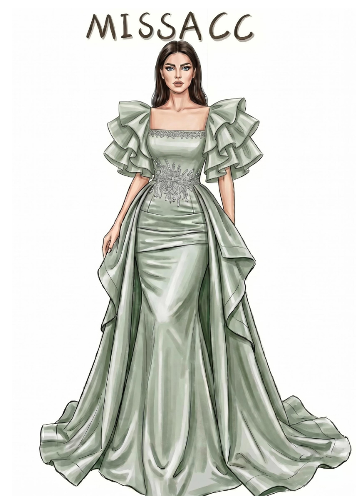 Trumpet/Mermaid Square Neckline Short Sleeves Asymmetrical Satin Evening Dresses With Shoulder Ruffle