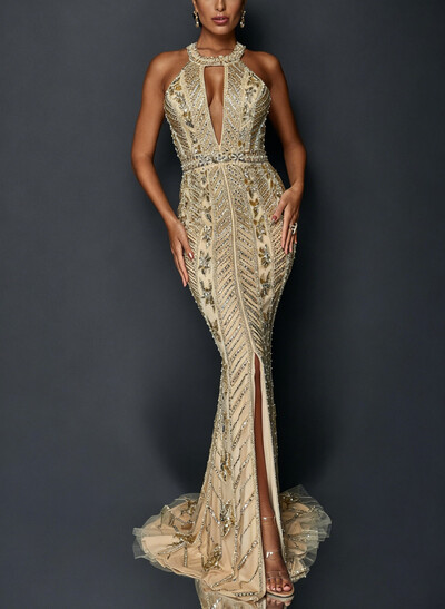 Trumpet/Mermaid Halter Sleeveless Sweep Train Lace/Elastic Satin Evening Dresses With Rhinestone
