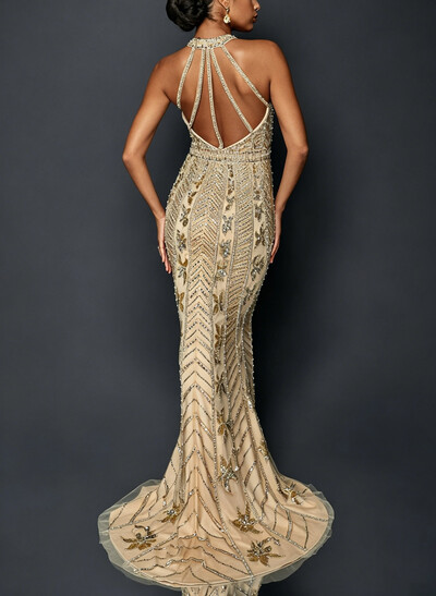 Trumpet/Mermaid Halter Sleeveless Sweep Train Lace/Elastic Satin Evening Dresses With Rhinestone
