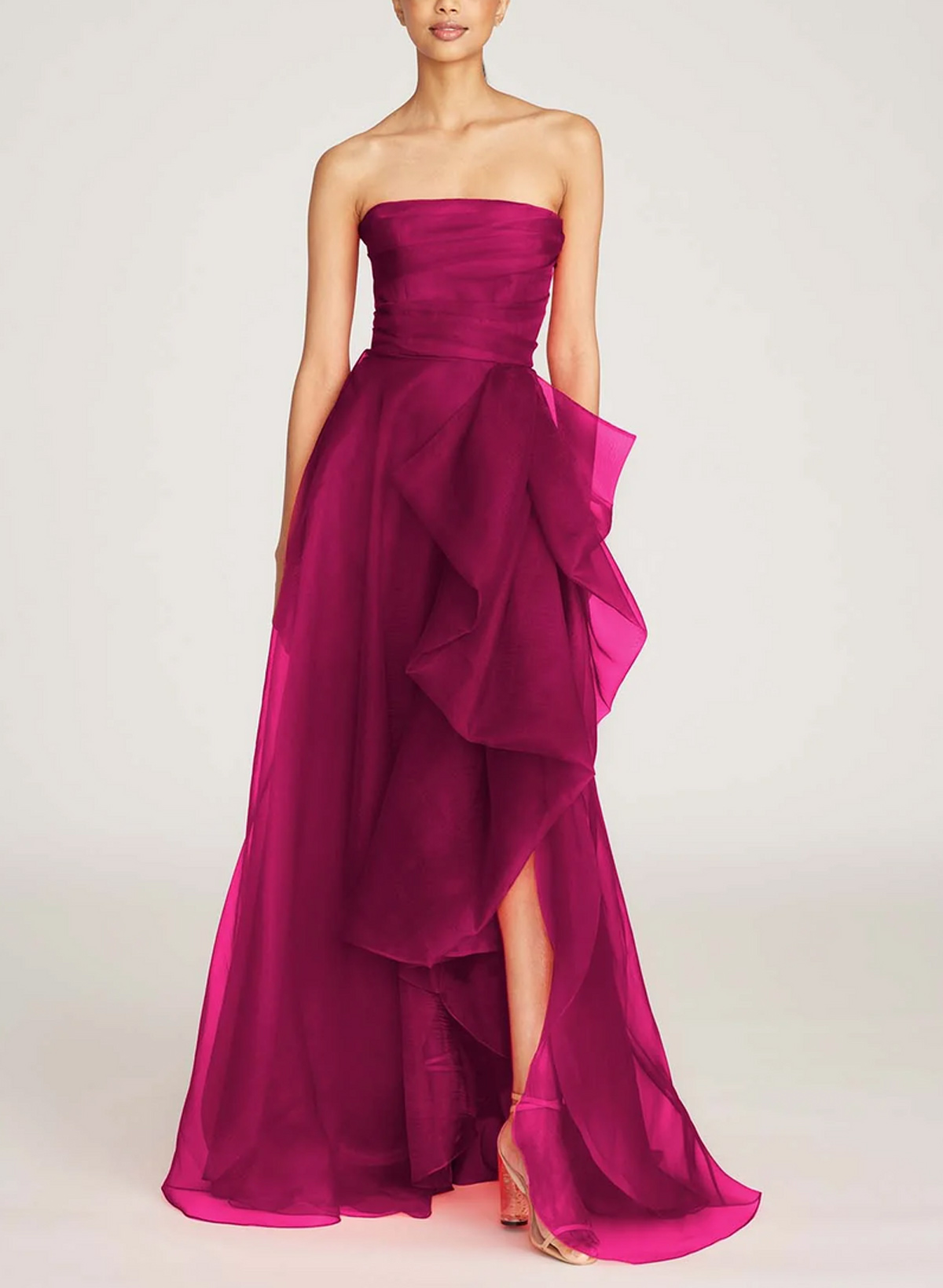 A-Line Strapless Sleeveless Floor-Length Satin/Organza Evening Dresses With Ruffle/Split Front
