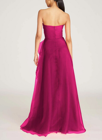 A-Line Strapless Sleeveless Floor-Length Satin/Organza Evening Dresses With Ruffle/Split Front