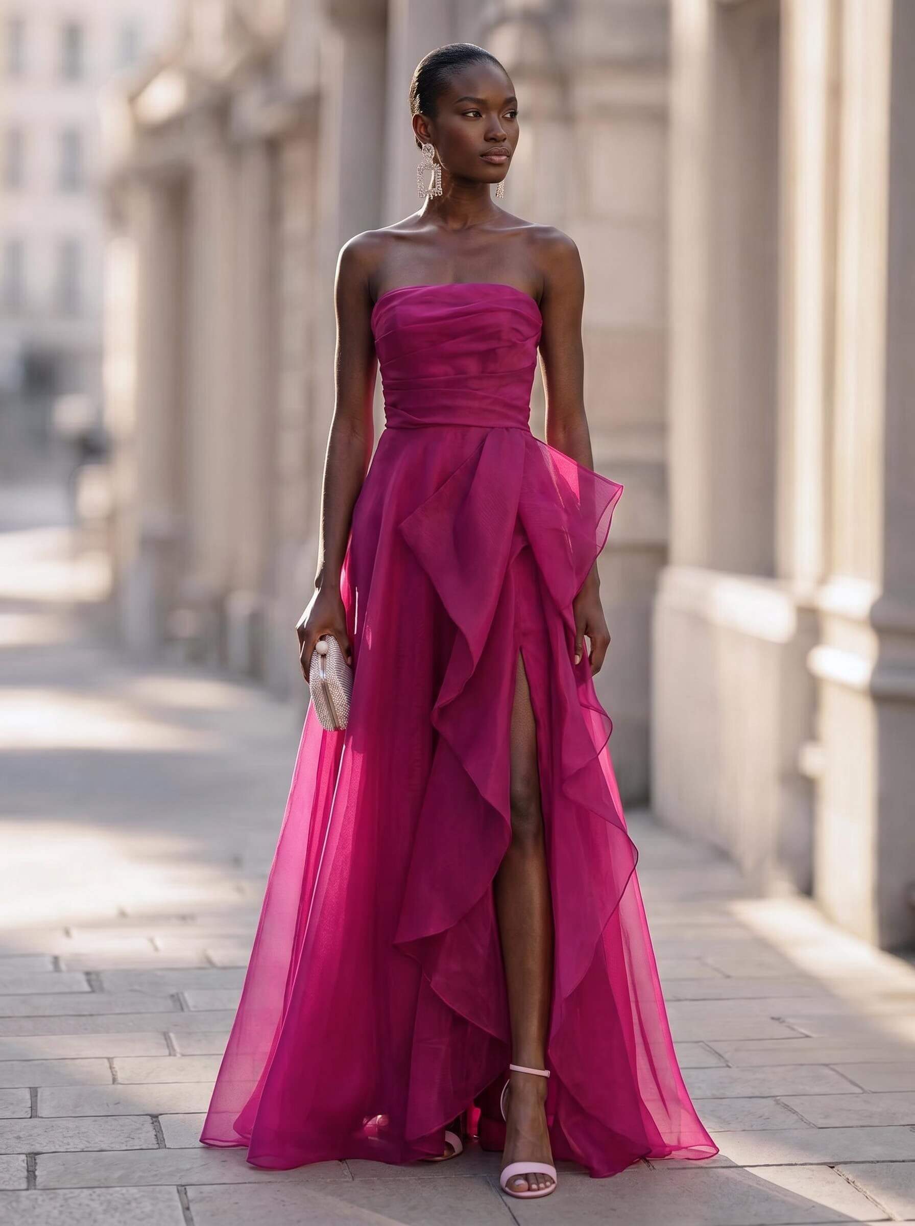 A-Line Strapless Sleeveless Floor-Length Satin/Organza Evening Dresses With Ruffle/Split Front