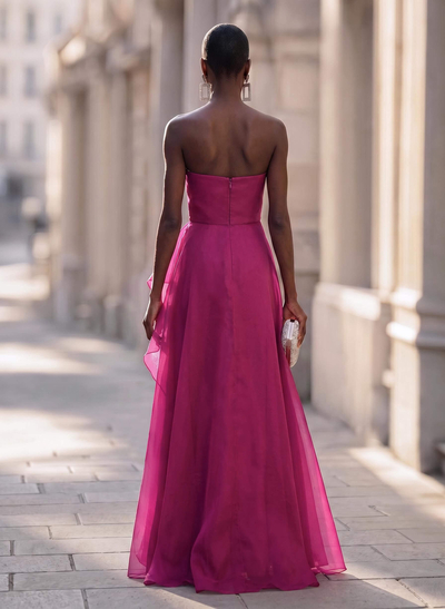 A-Line Strapless Sleeveless Floor-Length Satin/Organza Evening Dresses With Ruffle/Split Front