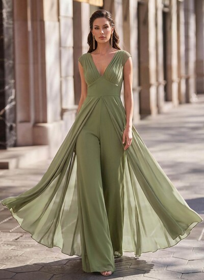 Jumpsuit/Pantsuit V-Neck Sleeveless Floor-Length Chiffon Evening Dresses With Overskirt Dress
