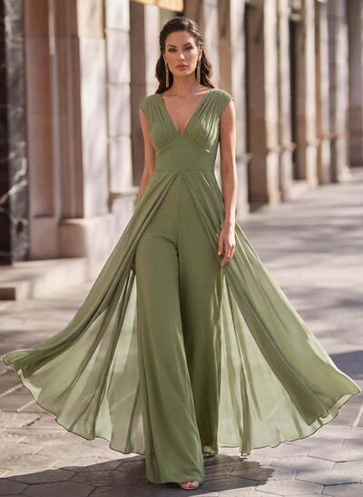 Jumpsuit/Pantsuit V-Neck Sleeveless Floor-Length Chiffon Evening Dresses With Overskirt Dress
