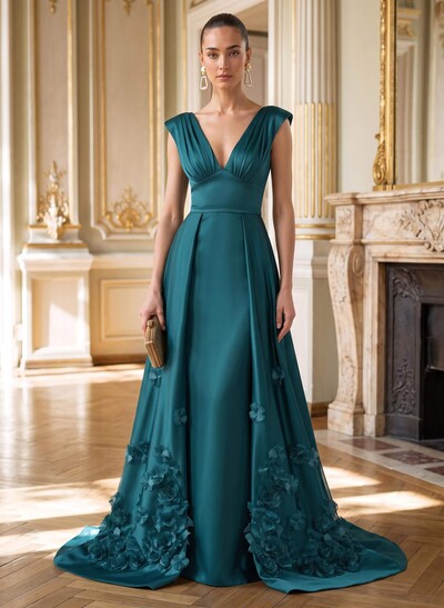 Trumpet/Mermaid V-Neck Sleeveless Sweep Train Satin Evening Dresses With Flower(s)/Overskirt Dress