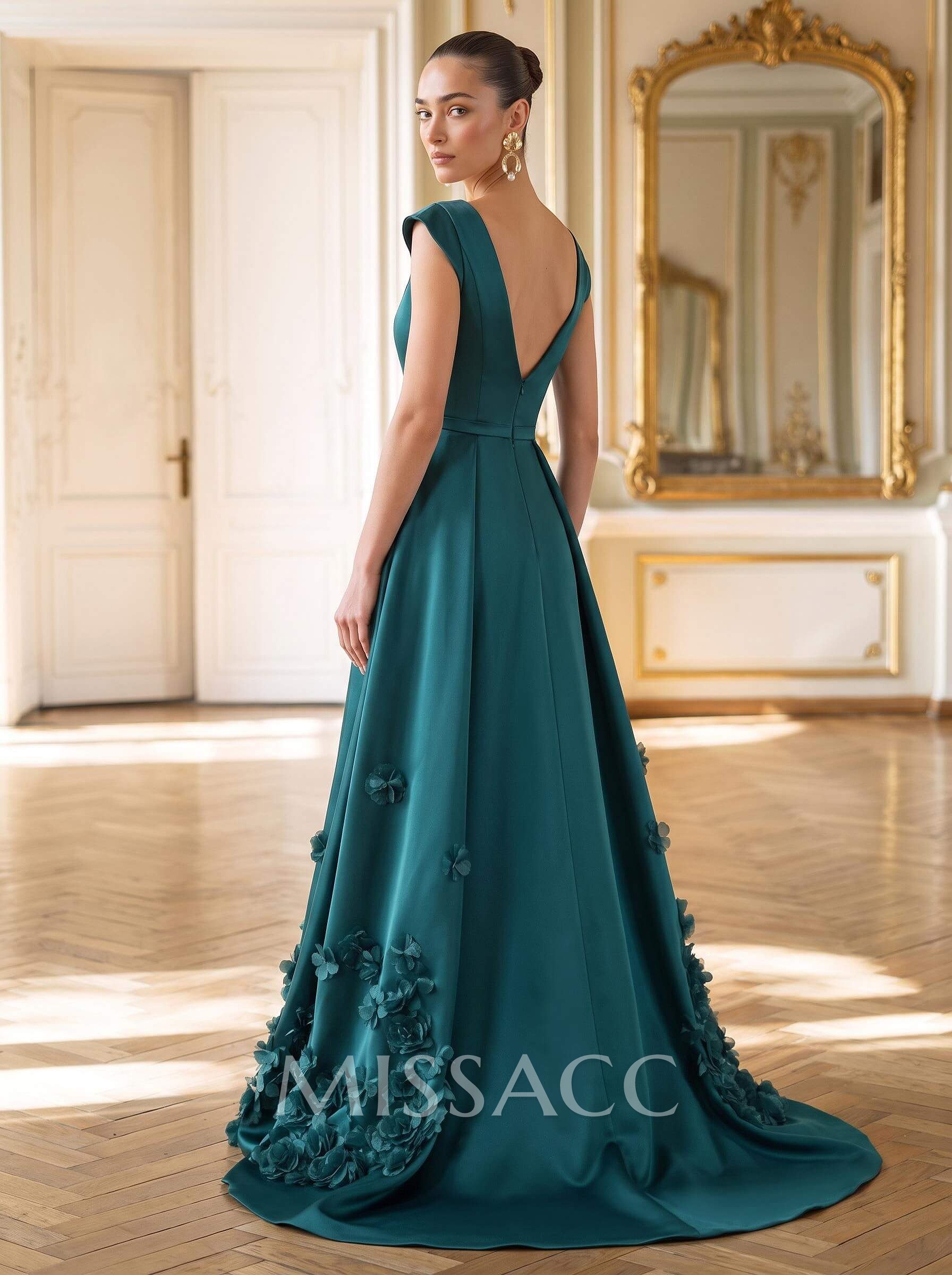 Trumpet/Mermaid V-Neck Sleeveless Sweep Train Satin Evening Dresses With Flower(s)/Overskirt Dress