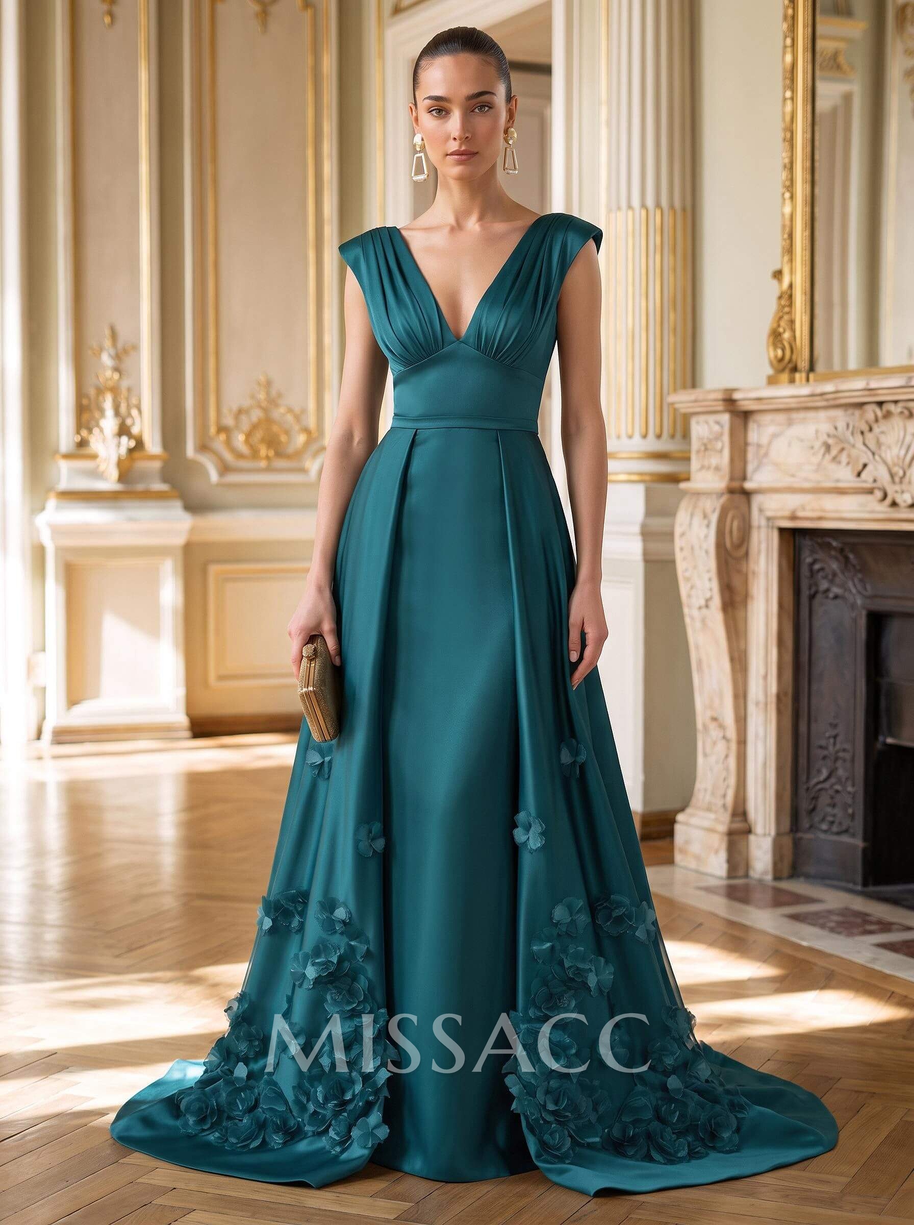 Trumpet/Mermaid V-Neck Sleeveless Sweep Train Satin Evening Dresses With Flower(s)/Overskirt Dress