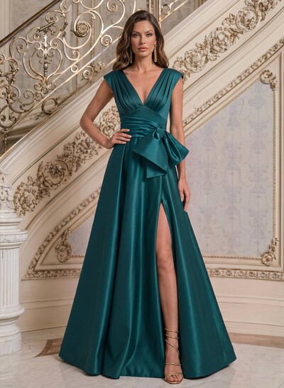 A-Line V-Neck Sleeveless Floor-Length Satin Evening Dresses With Bow(s)/Sash/High Split