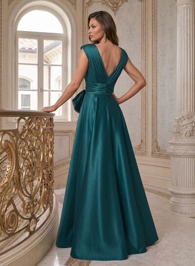 A-Line V-Neck Sleeveless Floor-Length Satin Evening Dresses With Bow(s)/Sash/High Split