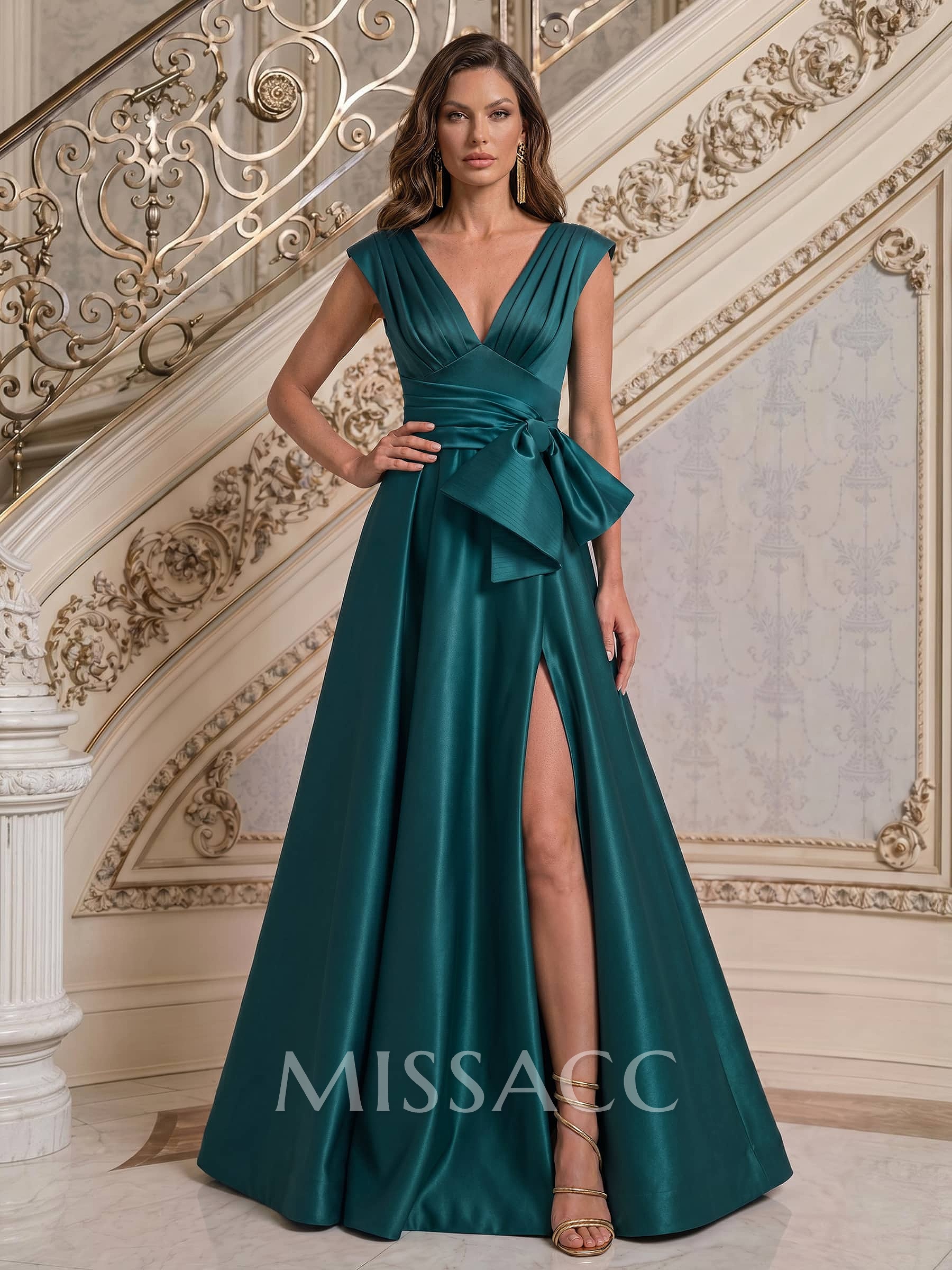 A-Line V-Neck Sleeveless Floor-Length Satin Evening Dresses With Bow(s)/Sash/High Split
