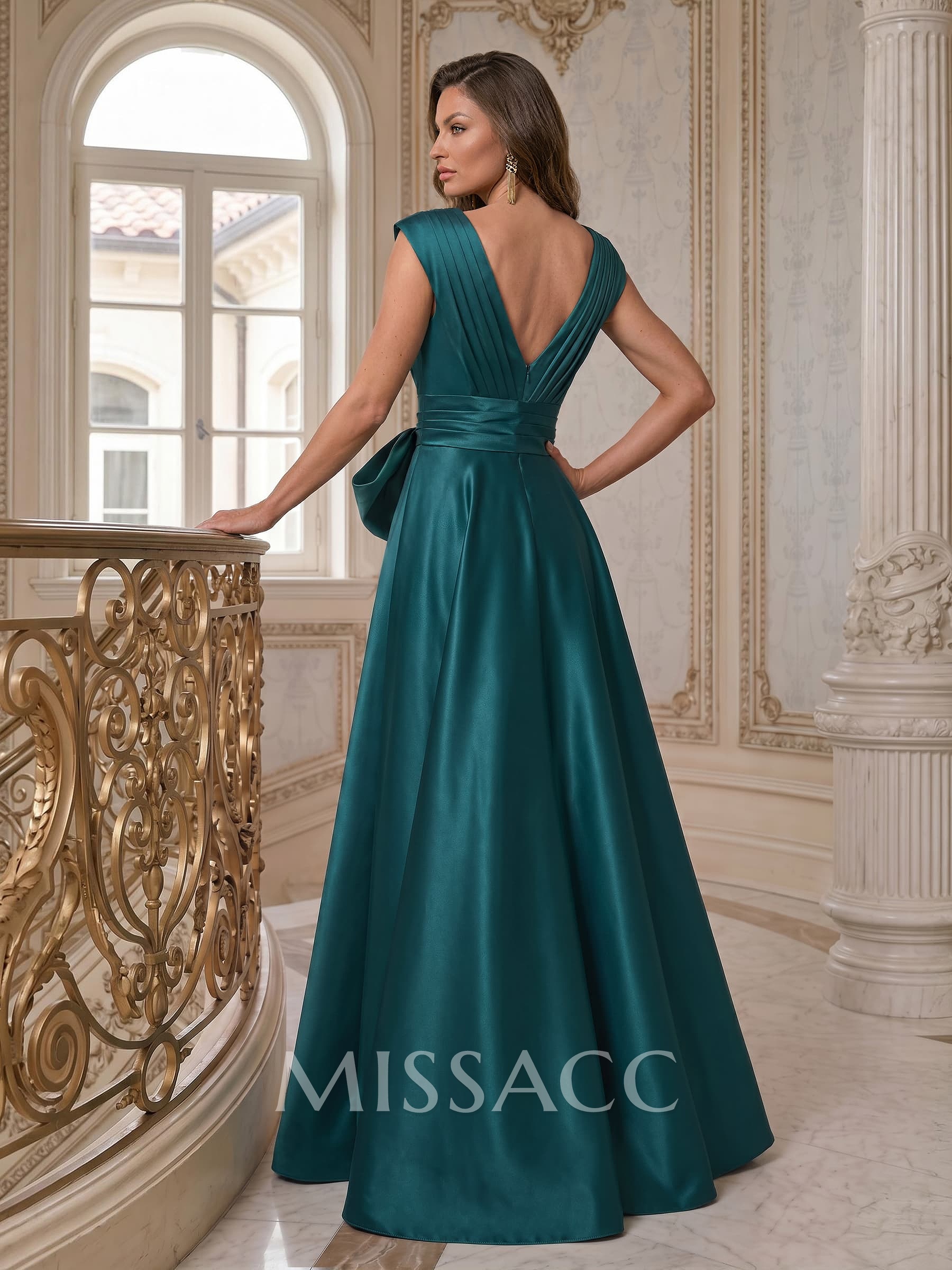 A-Line V-Neck Sleeveless Floor-Length Satin Evening Dresses With Bow(s)/Sash/High Split