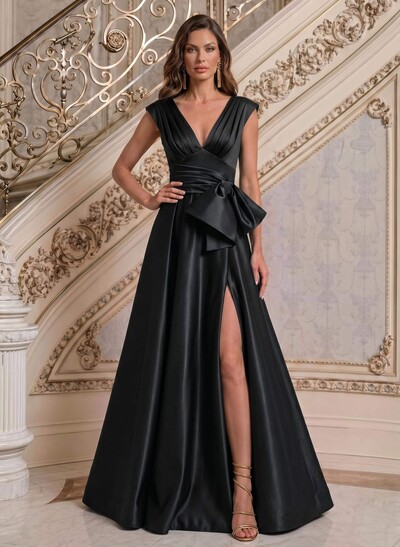 A-Line V-Neck Sleeveless Floor-Length Satin Evening Dresses With Bow(s)/Sash/High Split