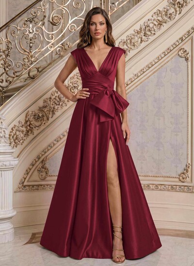 A-Line V-Neck Sleeveless Floor-Length Satin Evening Dresses With Bow(s)/Sash/High Split