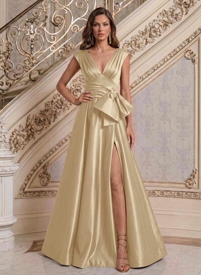 A-Line V-Neck Sleeveless Floor-Length Satin Evening Dresses With Bow(s)/Sash/High Split