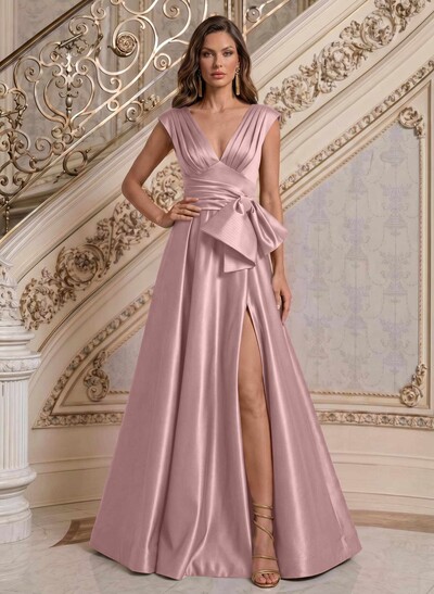 A-Line V-Neck Sleeveless Floor-Length Satin Evening Dresses With Bow(s)/Sash/High Split