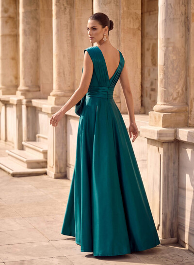 A-Line V-Neck Sleeveless Floor-Length Satin Evening Dresses With Bow(s)/Sash/High Split