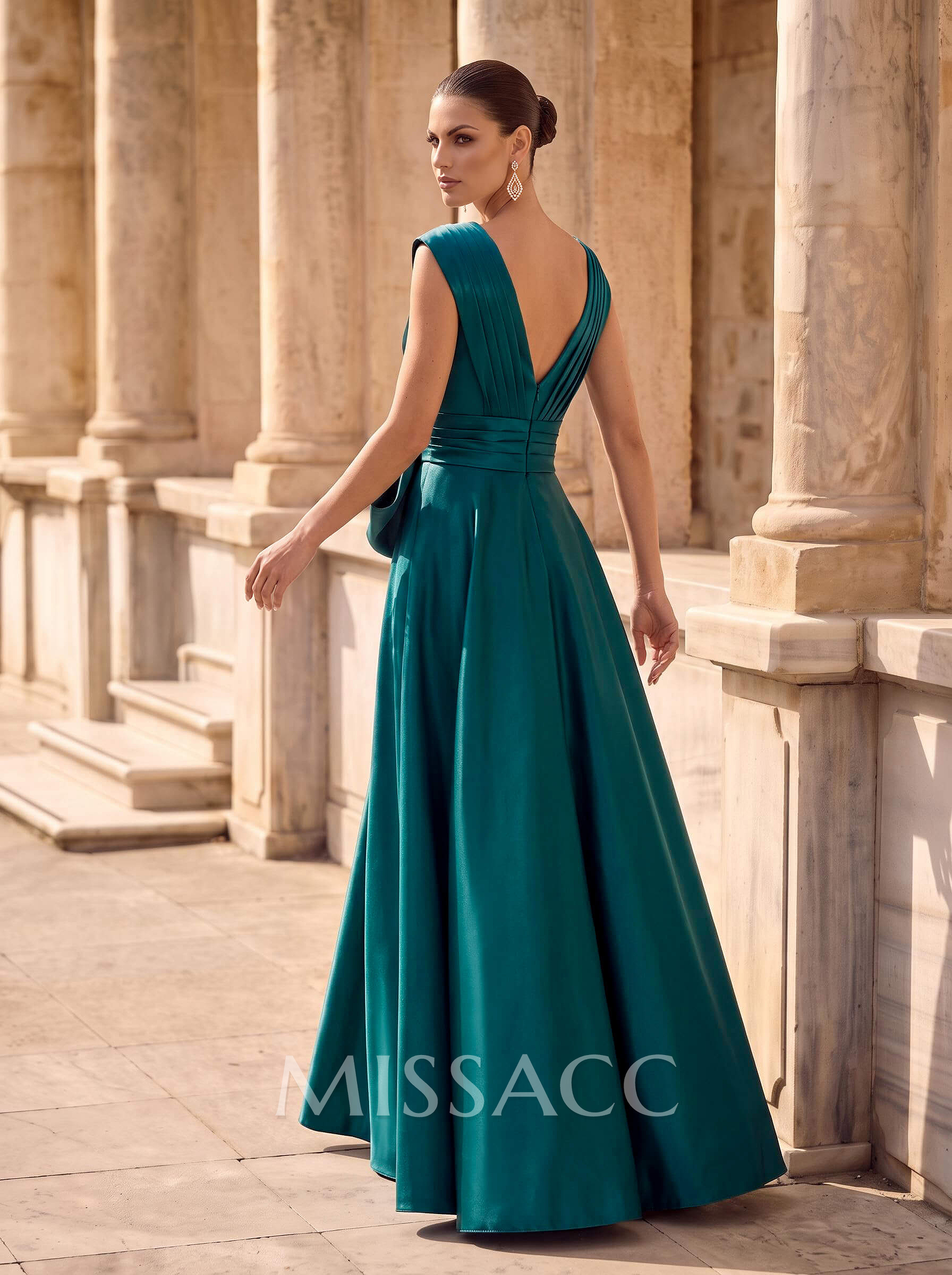 A-Line V-Neck Sleeveless Floor-Length Satin Evening Dresses With Bow(s)/Sash/High Split