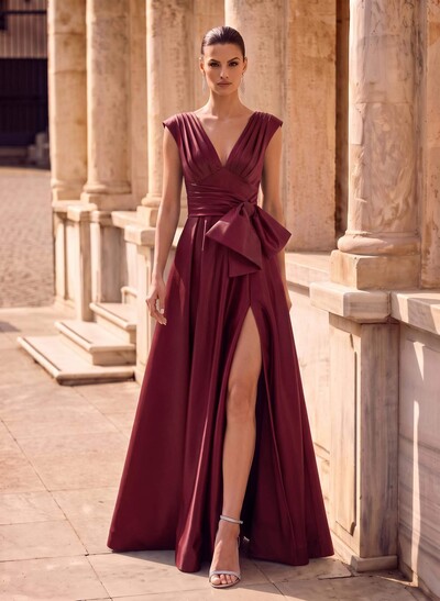 A-Line V-Neck Sleeveless Floor-Length Satin Evening Dresses With Bow(s)/Sash/High Split