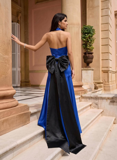 A-Line Halter Sleeveless Floor-Length Satin Evening Dresses With Bow(s)
