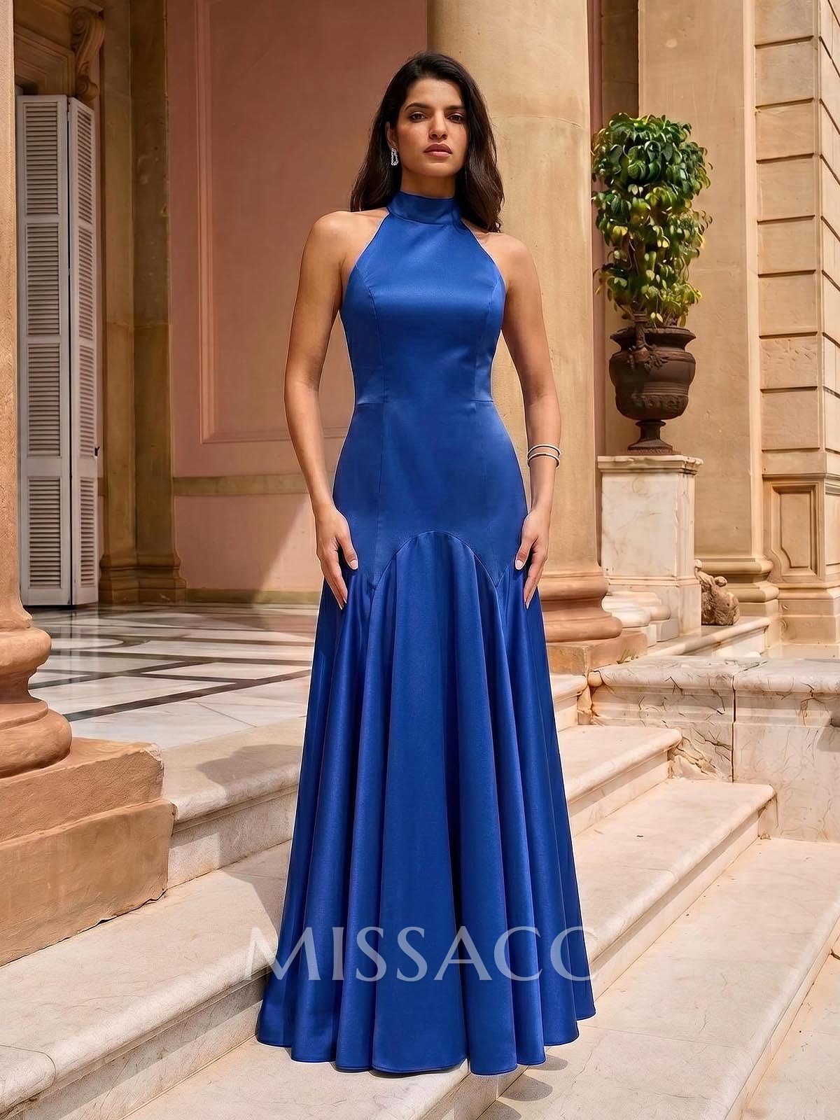 A-Line Halter Sleeveless Floor-Length Satin Evening Dresses With Bow(s)