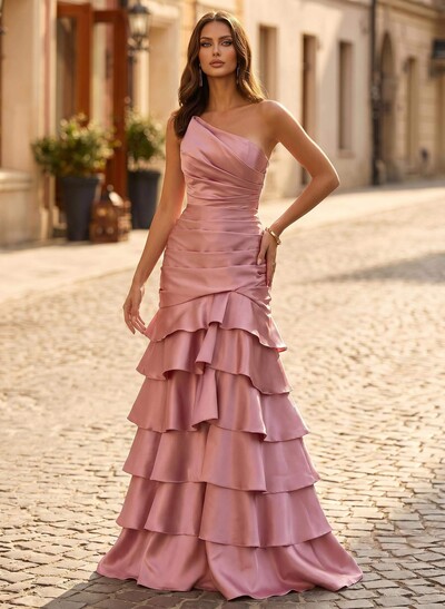 Trumpet/Mermaid Strapless Sleeveless Floor-Length Satin Evening Dresses With Cascading Ruffles/Tiered