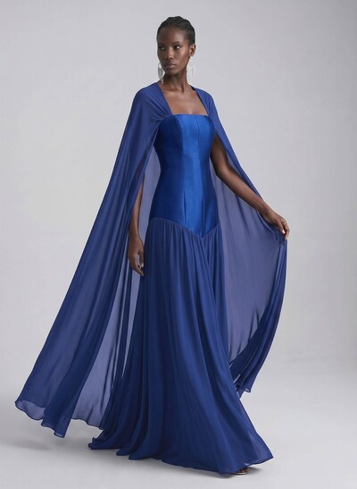 Elegant A-Line Square Neckline Cape Sleeves Floor-Length Chiffon/Satin Evening Dresses