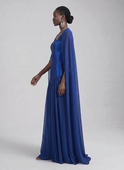 Elegant A-Line Square Neckline Cape Sleeves Floor-Length Chiffon/Satin Evening Dresses
