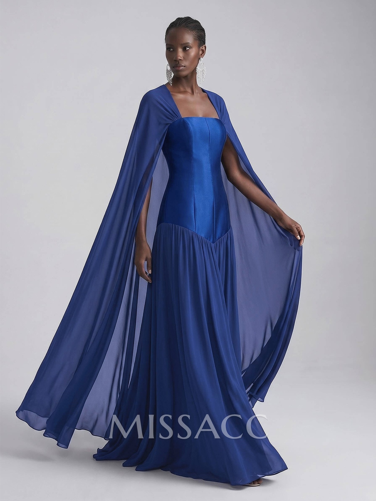 Elegant A-Line Square Neckline Cape Sleeves Floor-Length Chiffon/Satin Evening Dresses